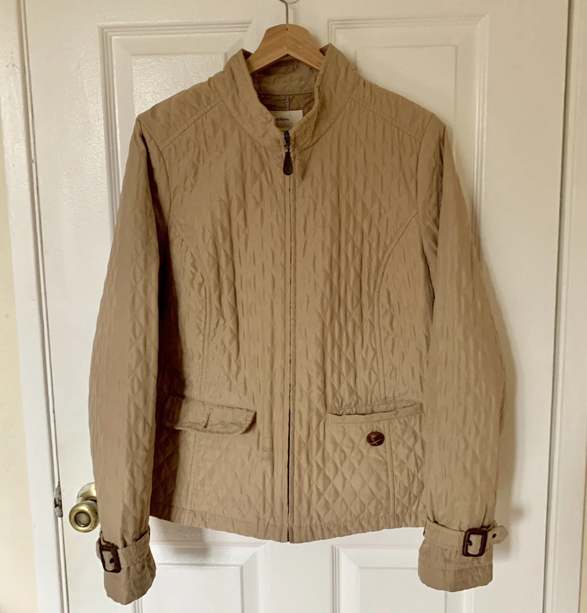 MERONA Women s Casual Quilted Jacket Long Sleeve Tan SZ L