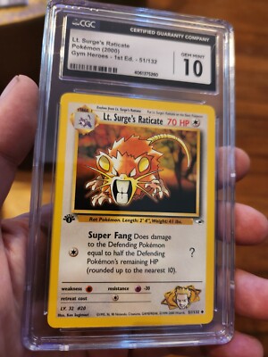 CGC 10 GEM MINT Lt. Surge's Raticate 1st Edition Gym Heroes 51/132