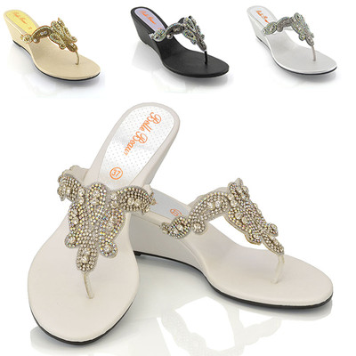 Damenschuhe niedriger Keilabsatz Zehensteg Strass glitzernde Urlaubsschuhe 3 9
