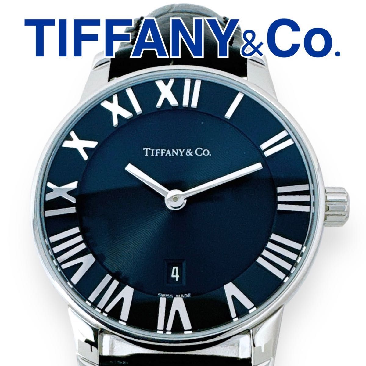 Tiffany Co. Atlas Dome Quartz Black Dial Black Leather Belt Leather Black Wo