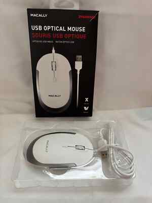 MACALLY DYNAMOUSE WIRED USB OPTICAL MOUSE 5' USB CABLE 150cm WHITE MAC 0SX