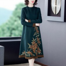 Women's Long Sleeve Round Neck Midi Length Knit Dresses Flower Embroidery Floral