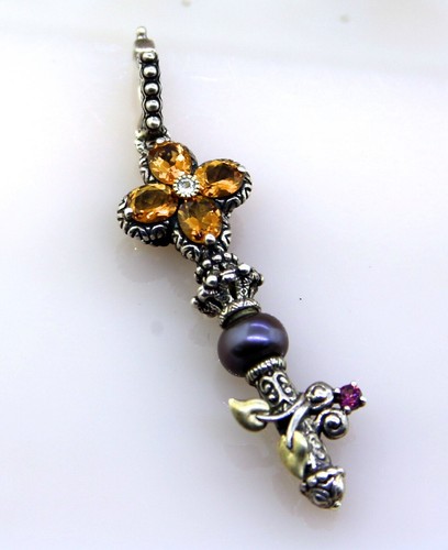Barbara Bixby Citrine Pearl Key Pendant Sterling Silver 925 & 18k Gold SZ 2.5" - Picture 2 of 9