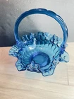 Vintage Fenton Art Glass Colonial Blue Basket Ruffled Edge 8” x 8”