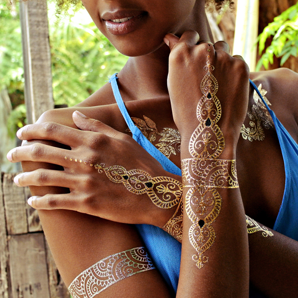 Flash Tattoo Metallic Temporary Einmal Tattoo Klebe Gold Kreuz Herz Love Kette Armband Henna 2472
