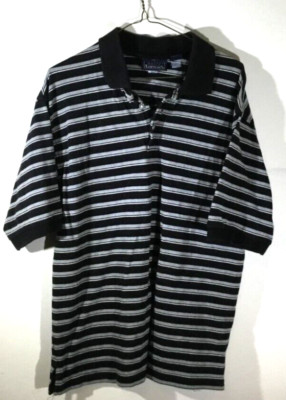 Mens Pull Over Black/Gray/White Stripes Med. Basic Editions Cotton Short Sleeves