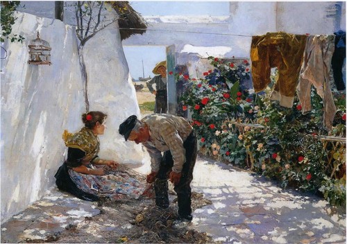 Pintura al óleo vieja pareja paisaje pesca-redes-joaquín-sorolla-y-lienzo Bastida - Imagen 1 de 1