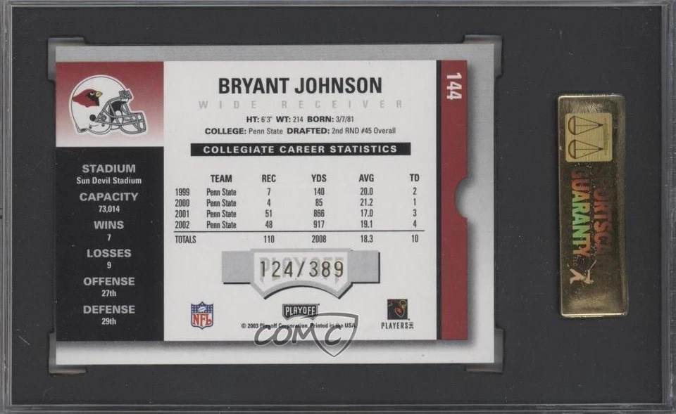 2003 Playoff Contenders /389 Bryant Johnson #144 SGC 9 MINT Rookie Auto RC - Image 2 of 2