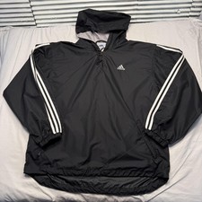 Vintage Adidas Jacket Mens Large Black Hooded Pullover 3 Stripes Windbreaker
