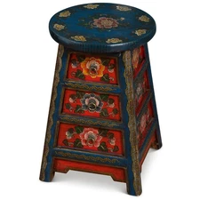 US SELLER - Hand Painted Dark Blue and Red Tibetan Stool with Three Drawers