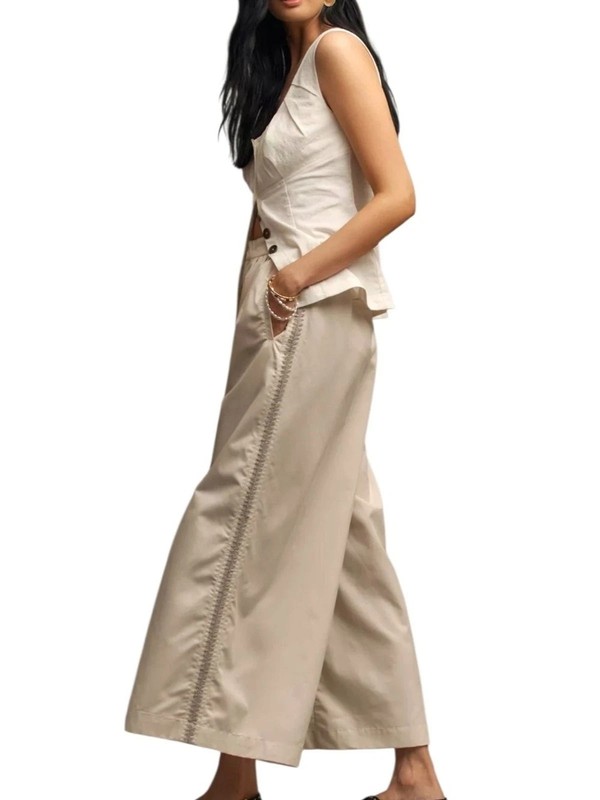 New with Tag Anthropologie Pants Pleated Embroidered Wide Leg Size M