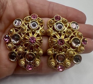 Vintage GT Pink & Purple Cabochon Jose Barrera Avon Clip On Earrings 2” D0