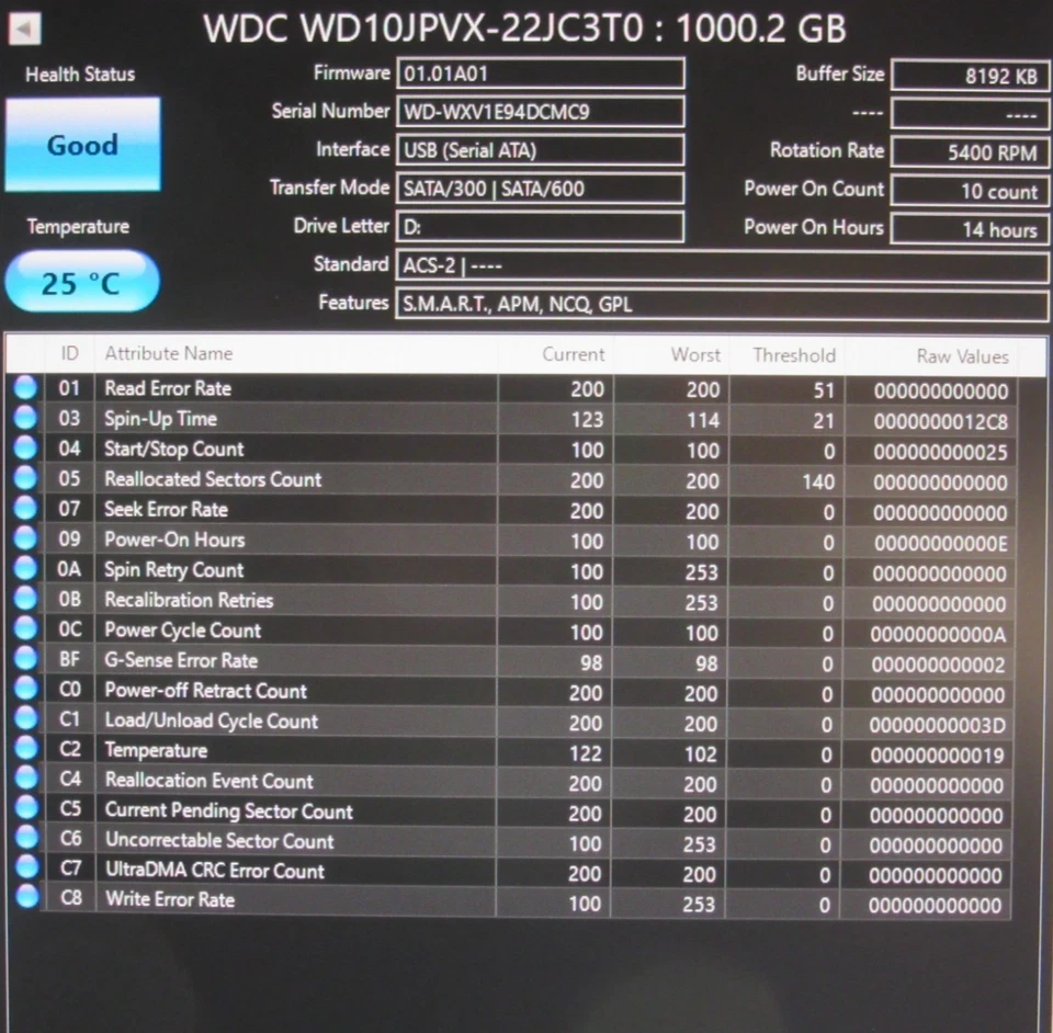 Transcend StoreJet 1TB C32020 Portable Hard Drive WD10JPVX-22JC3T0 2.5" WXV1E - Image 2 of 4