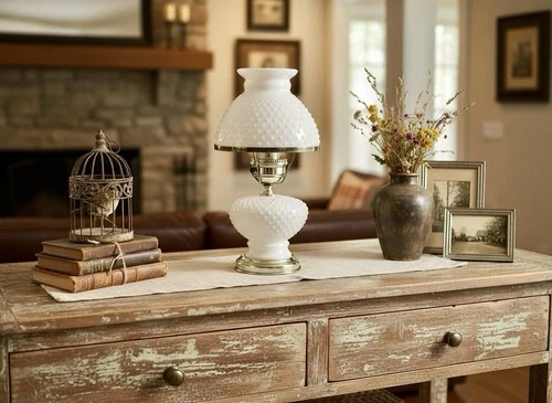 New ListingVintage White Hobnail Milk Glass Hurricane Parlor Lamp With Brass Trim