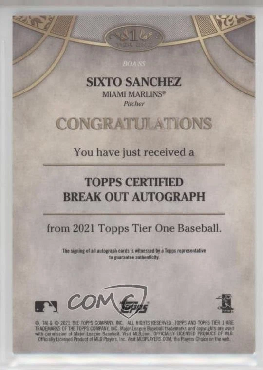 2021 Topps Tier One Break Out Auto /300 Sixto Sanchez #BOA-SS Rookie Auto RC - Image 2 of 2