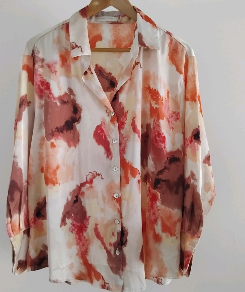 Gingham & Heels - Size 14 Silky Pink & Cream Water Colour Blouse Shirt