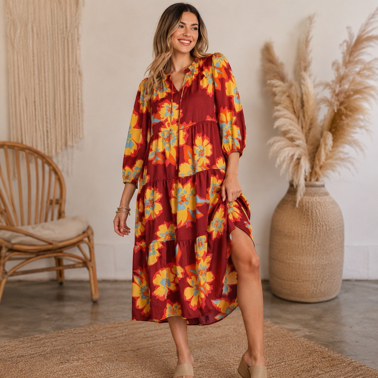 Umgee Sammi Satin Tiered Midi Dress L Burgundy Floral Boho Puff Sleeve Tie Neck