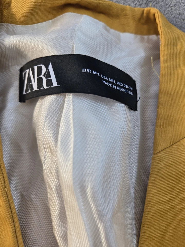 Pre-owned Zara 80s Style Blazer M Yellow Mustard Black Buttons Silky Fabric  - Image 2 of 4