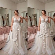 Plus Size Wedding Dresses Illusion Neck 3D Floral Lace Tulle Bridal Gowns A Line