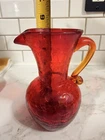 Vintage Hand-Blown Crackle Glass Pitcher Rainbow or Blenko Red Amber 5 1/2”