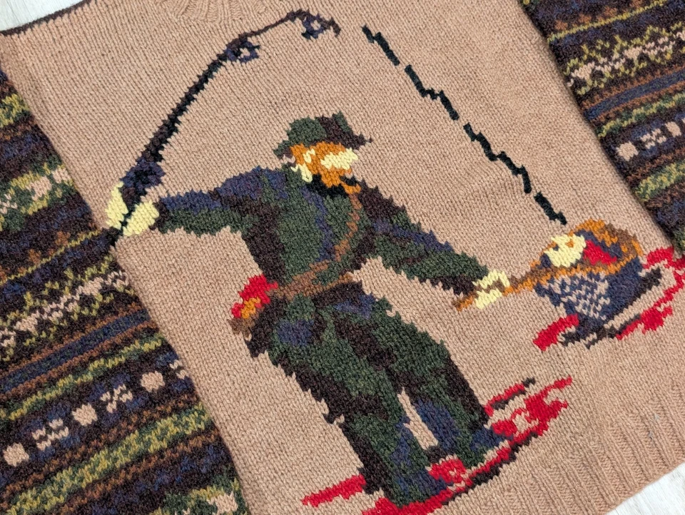 VTG Tommy Hilfiger Chunky Shetland Hand Knit Fly Fishing Fair Isle XL Sweater - Image 2 of 4