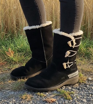 UGG Black Suede Shearling Mid-Calf Boots Toggle Buckle Women's Winter Sz 6 Boho
