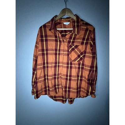 TIME AND TRU Orange Plaid Flannel Button Up Top Shirt Blouse XXL