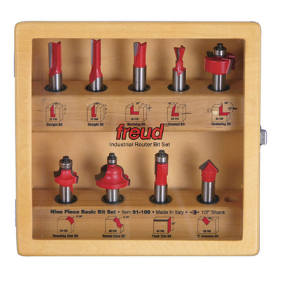 Freud 91-108 Nine Piece Basic Router Bit Set (1/2'' Shan