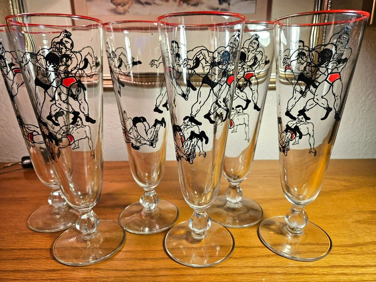 6 Vtg.1950's men WRESTLING Pilsner Beer Drinking Glasses Red/Black 12-Ounce  EUC!