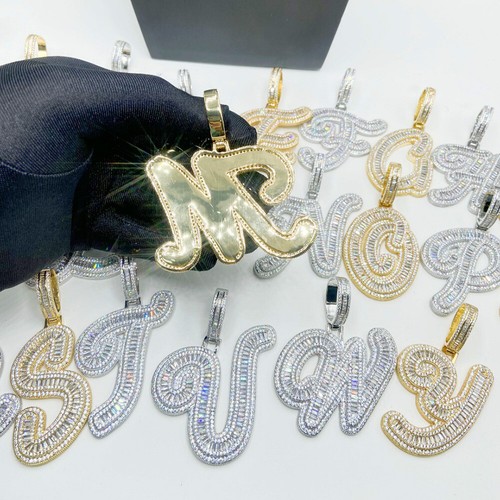 Hip Hop Custom A-Z Cursive Letters Pendant Necklace 5A T Zircon Mens Jewelry - Picture 18 of 25