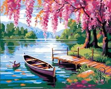 Lakeside Pier Beneath a Wisteria Tree - Printed Needlepoint Canvas