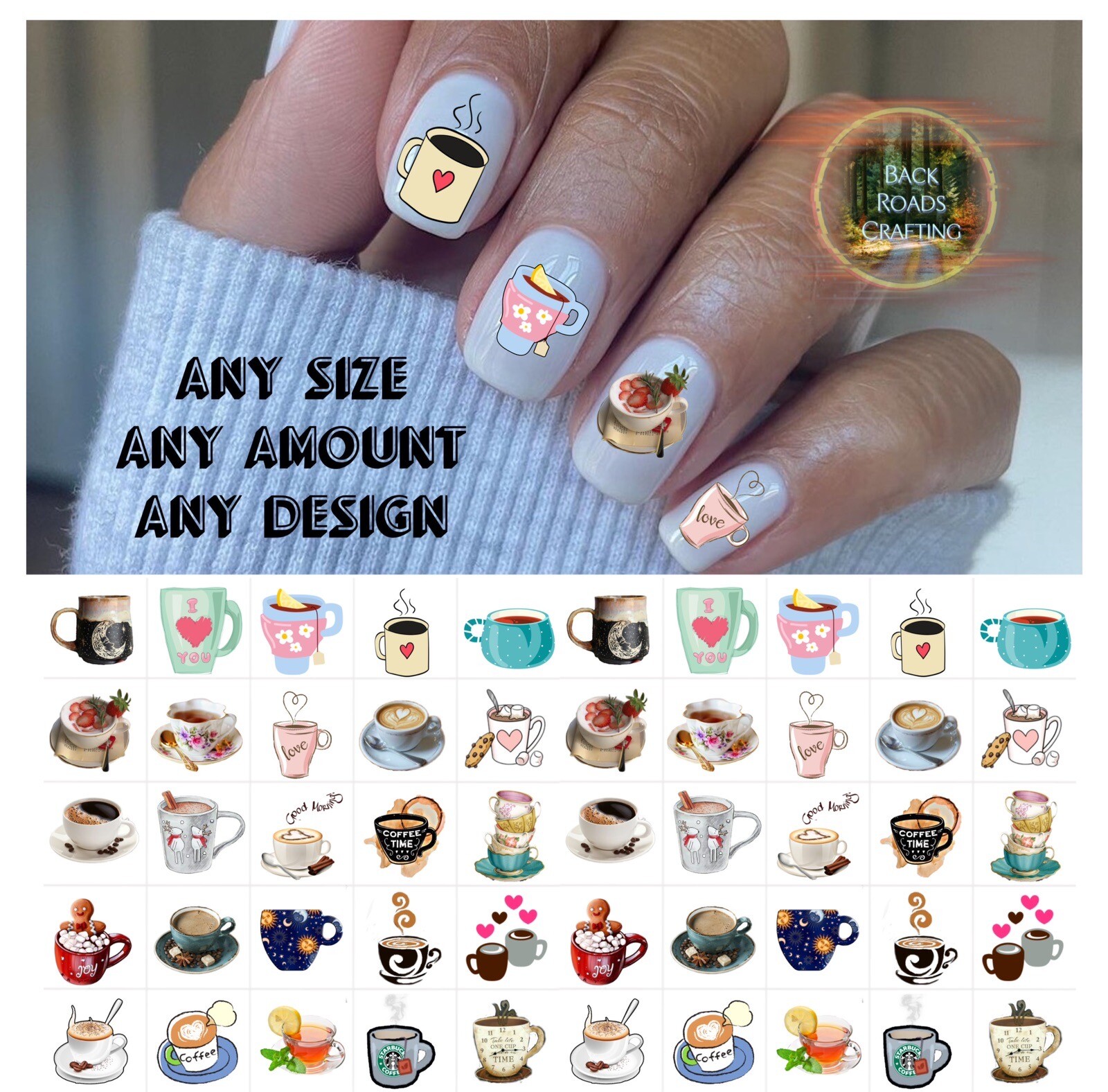 Coffee Tea Cup Mug Waterslide Nail Decals Set Of 50 + Bonus + Instructions