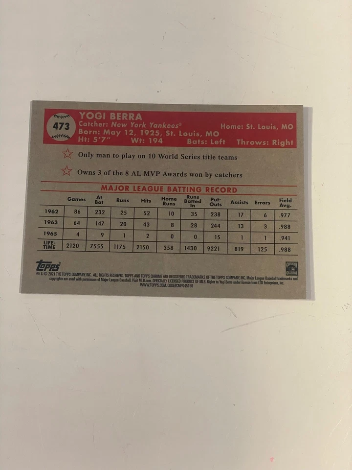 YOGI BERRA 2021 TOPPS CHROME PLATINUM ANNIVERSARY x-fractor #473 Yankees - Image 2 of 2