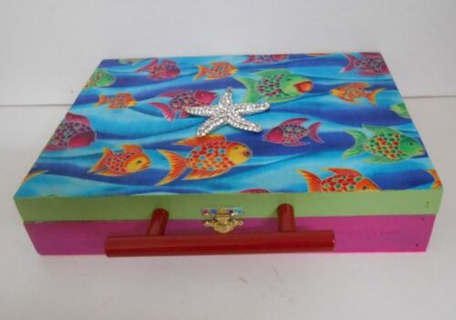 Upcycled/Embellished/Decoupaged Brightly Colored FISH Theme Cigar/Memory Box - Picture 2 of 7