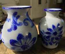 Vtg Set Of 2 Handarbeit Germany Salt Glazed Cobalt Blue Pottery Vases