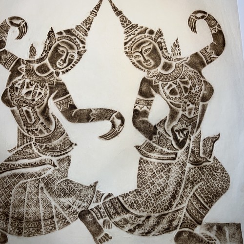 Rare Brown Thai Temple Rubbing 19”x 18” Made in Thailand Two Women Dancing - Picture 2 of 12