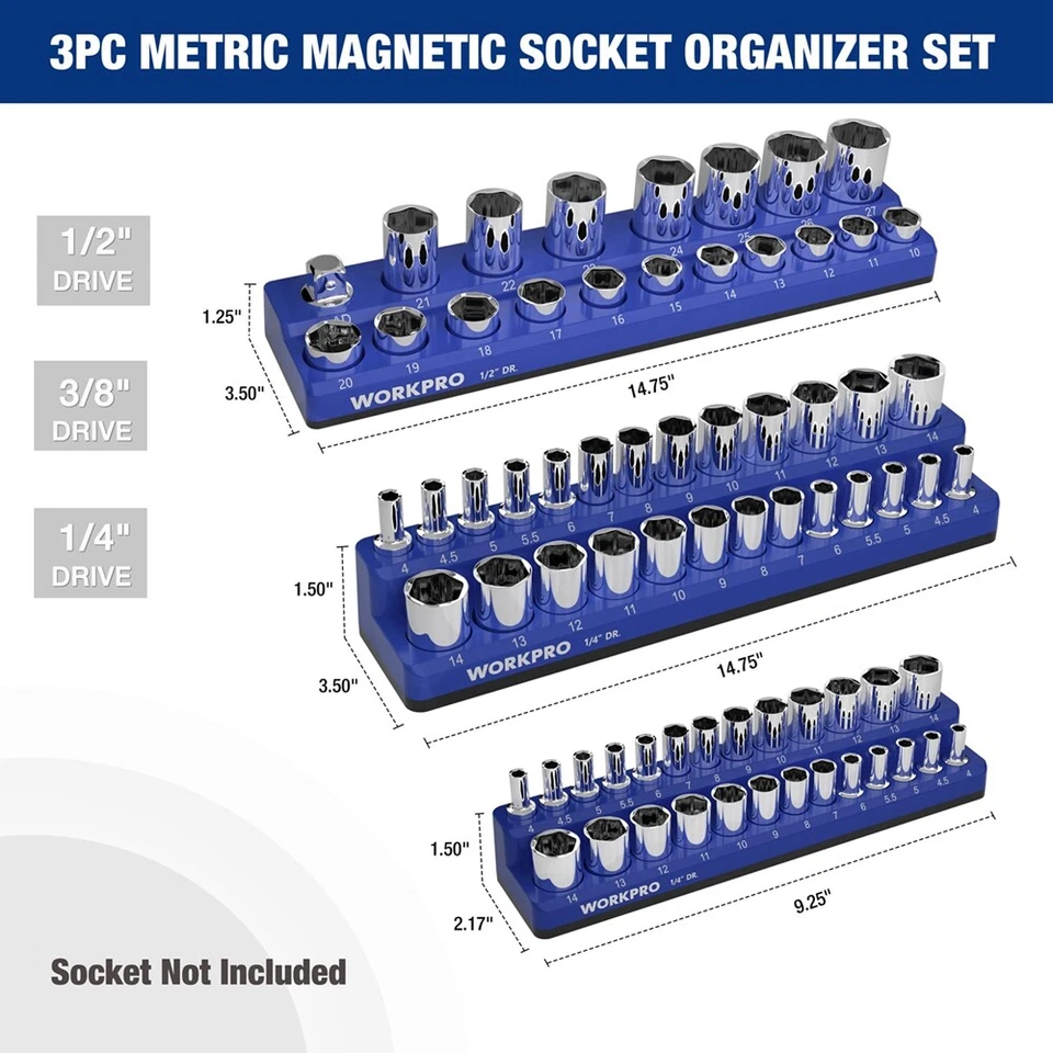 WORKPRO 3PCS Magnetic Socket Organizer Set 1/2" 1/4" 3/8" Dr Metric Socket Trays - Image 3 of 4