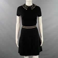 VALENTINO Size M Black Gold Viscose Blend Stars Applique Short Sleeve Dress