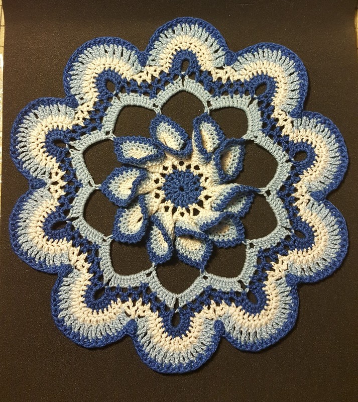 Blooming Flower Crochet Doily - Antique White and Blues