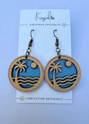 Boucles d'oreilles "Plein Sud" artisanales en bois – Fabrication 100% fait main - Photo 1/4