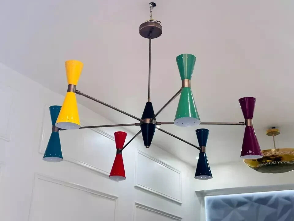 Mid century 6 Brazo 12 Luz Latón Italiano Stilnovo Sputnik Decoración Lámpara...