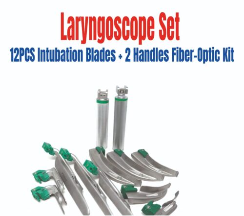 Laryngoscope Set 12PCS Intubation Blades + 2 Handles Fiber-Optic Kit - Afbeelding 1 van 2