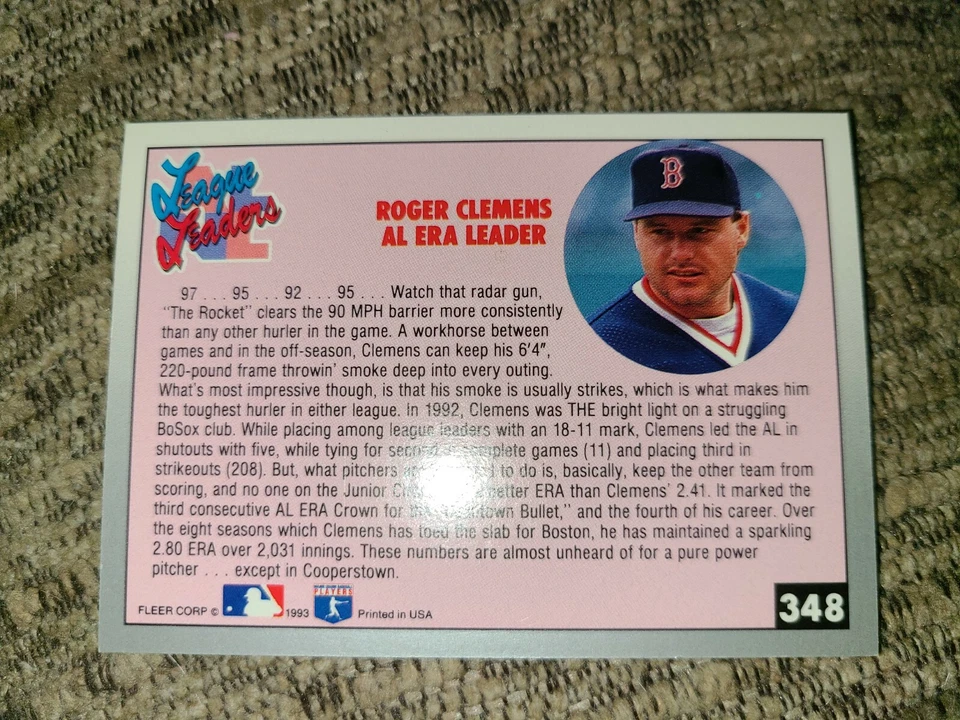 Roger Clemens 1993 Fleer League Leaders Baseball Card NM/MT #348 - Image 2 of 2