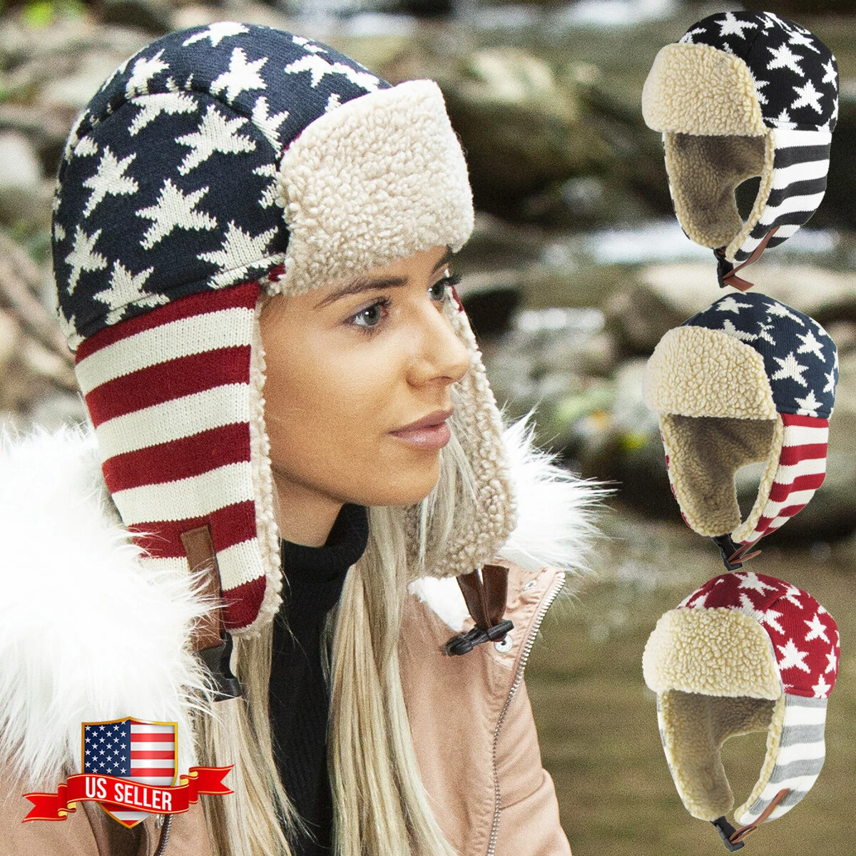 USA Flag America Aviator Trapper Hat Winter Cap Ski Warm Fur Cap