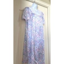 Lorraine Vintage Floral Lace Trim Nightgown Pastel Blue Pink Made in USA XL