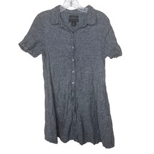Tahari Womens 100% Linen Button Down Shirt Dress Gray Short Sleeve Pockets M