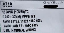 Alpha Wire 6719 #10awg EcoWire mPPE Hook Up Wire 600V ZH Green w/Yellow /10ft