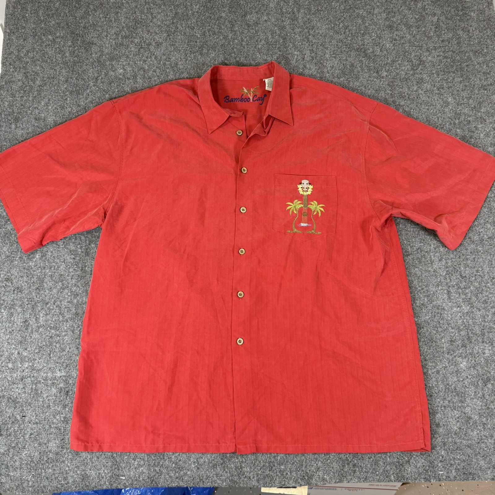 🎸 Bamboo Cay Paradise Tunes Shirt Mens 2XL Red Ukulele Embroidered Silk Blend