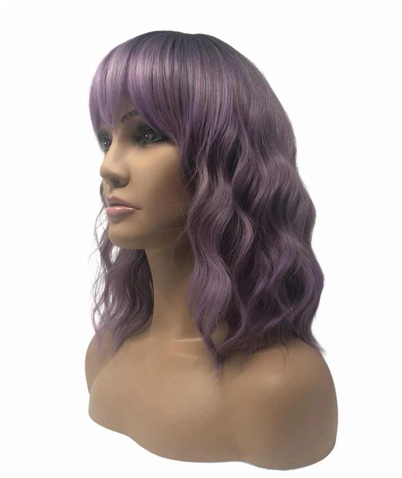 Peluca para mujer Ombre púrpura corta ondulada con flequillo hasta los hombros disfraces fiesta Foto 3 de 4