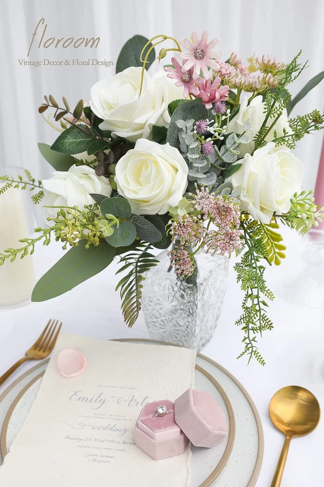 Flores Artificiales 20 piezas Rosas Falsas Espuma Alto Centrada Marfil Aspecto Real con... Foto 4 de 4